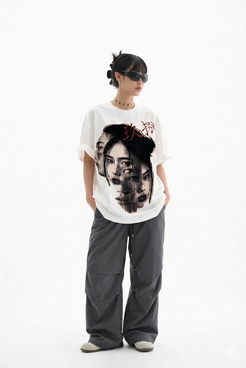 Off white oversized tshirt: Glitch potrait tshirt