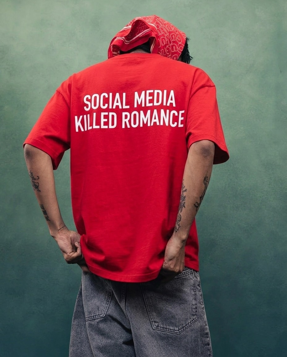 Classic Red Oversized Tshirt- Social Media Killed Romance